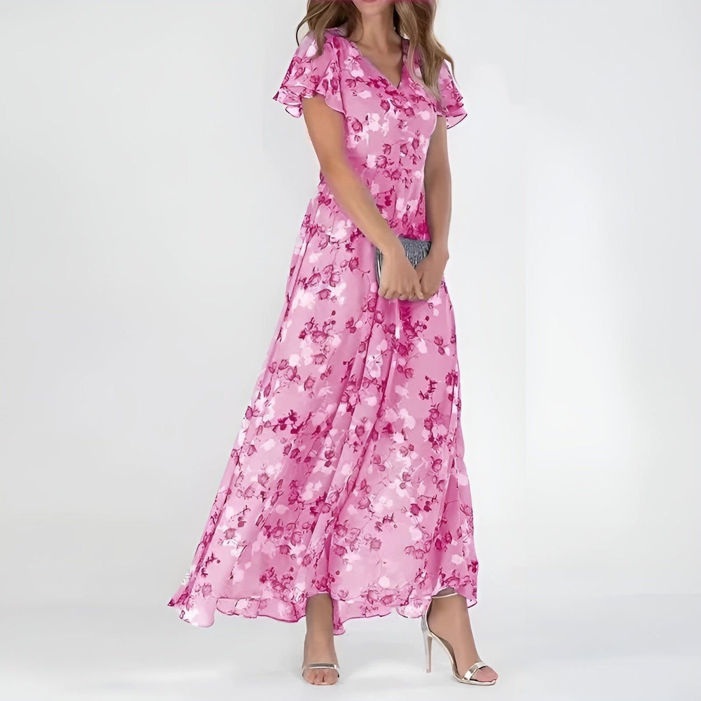 Floral Maxi Dress with Flutter Sleeves for Weddings