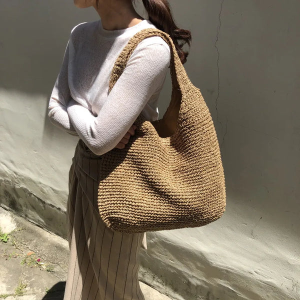 Women's Brown Straw Hobo Tote Bag