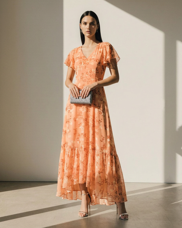 Women's Flutter Sleeve Floral Maxi Dress