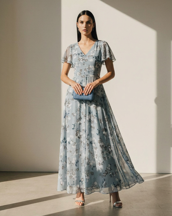 Women's Flutter Sleeve Floral Maxi Dress