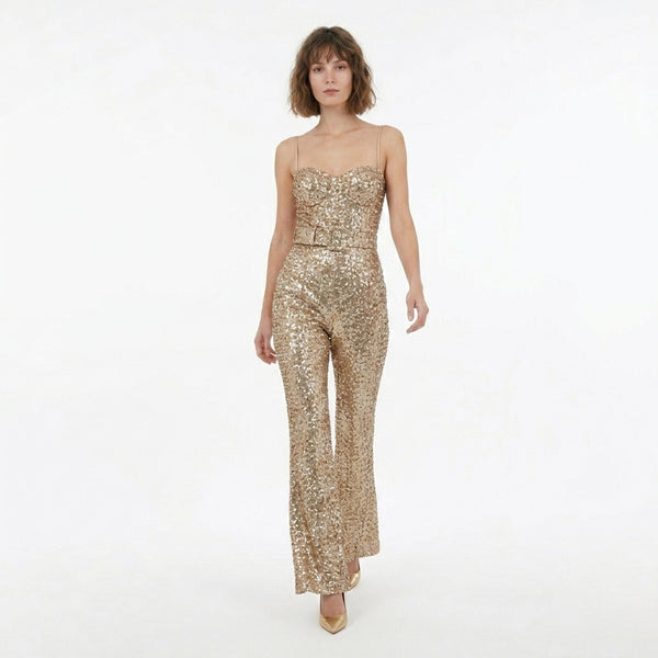 Women's Belted Sequin Wide Leg Jumpsuit