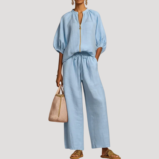 Wide-Leg Two-Piece Set with Zip-Front Top for Summer