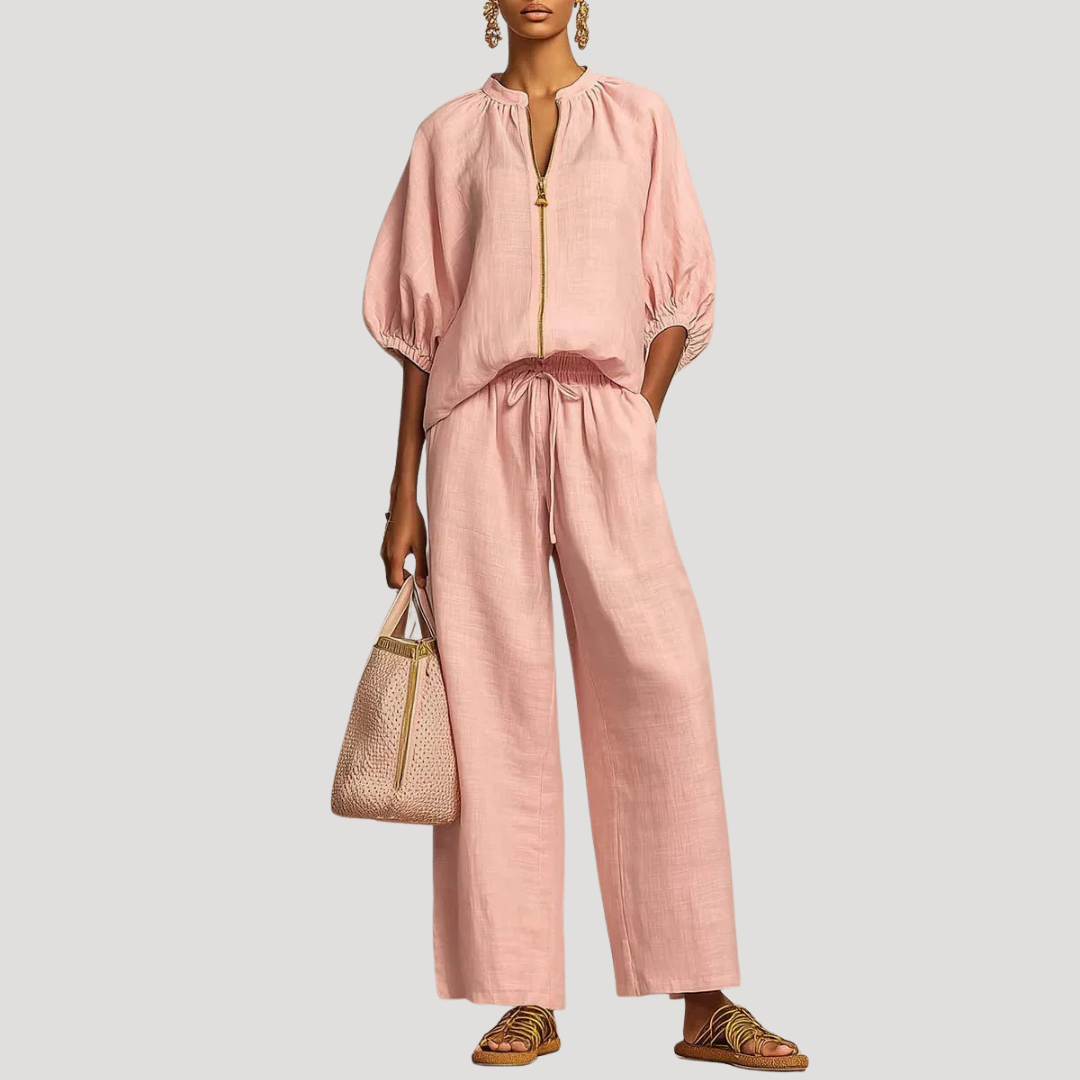 Wide-Leg Two-Piece Set with Zip-Front Top for Summer