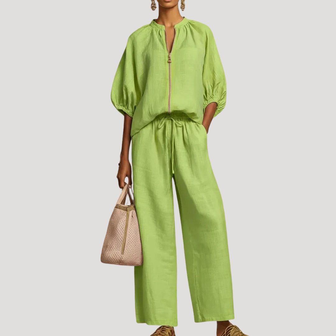 Wide-Leg Two-Piece Set with Zip-Front Top for Summer