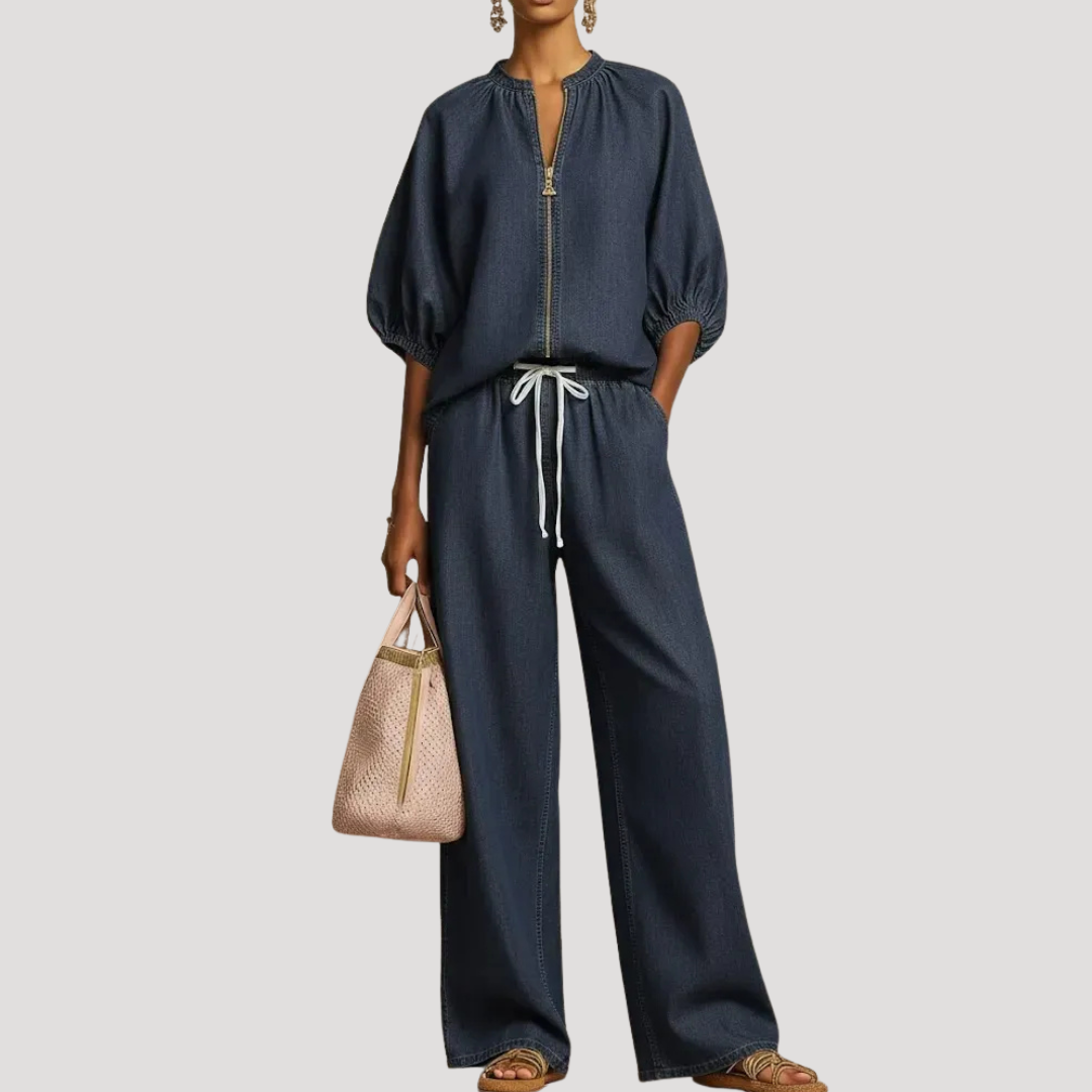 Wide-Leg Two-Piece Set with Zip-Front Top for Summer