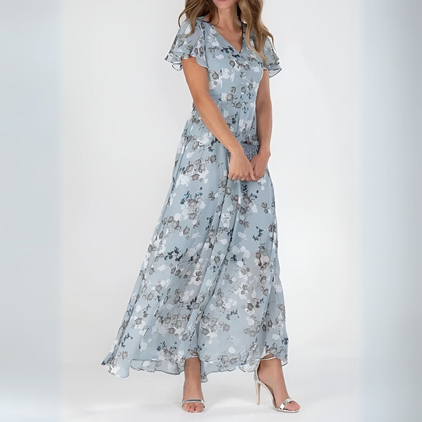 Floral Maxi Dress with Flutter Sleeves for Weddings