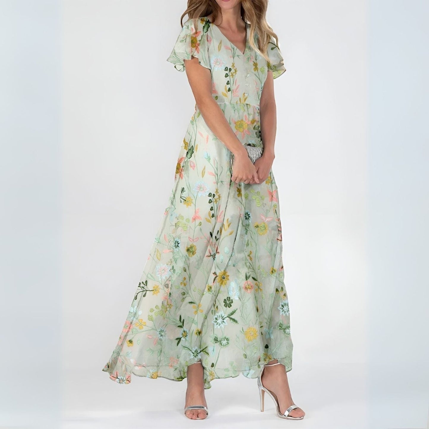 Floral Maxi Dress with Flutter Sleeves for Weddings