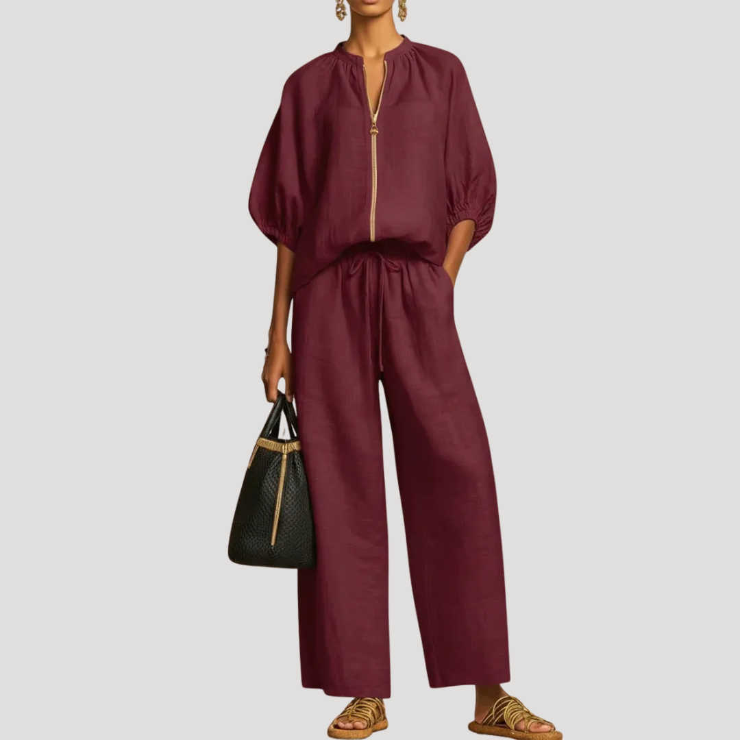 Wide-Leg Two-Piece Set with Zip-Front Top for Summer