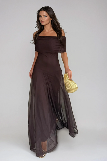 Tara | Women’s Stylish Maxi Wedding Guest Dress with Mesh Overlay