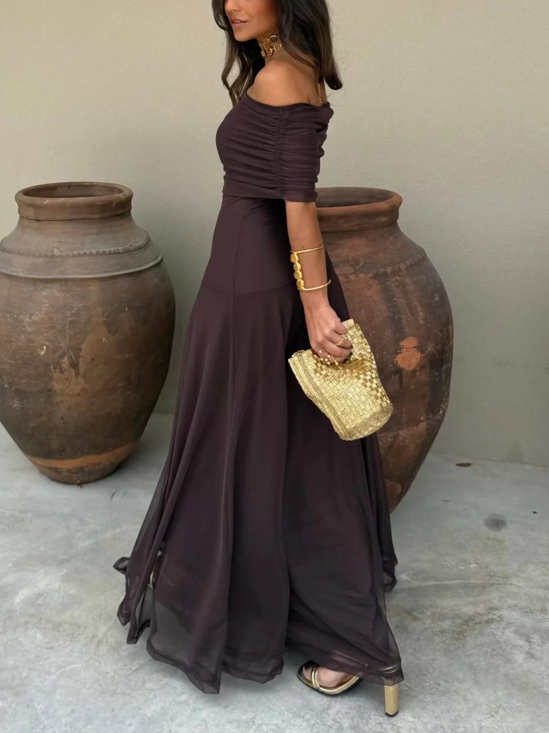 Tara | Women’s Stylish Maxi Wedding Guest Dress with Mesh Overlay