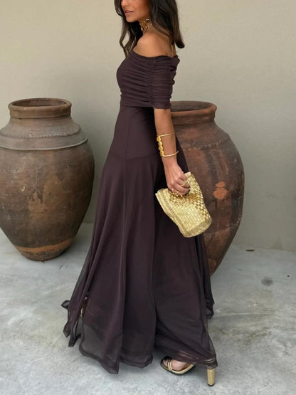 Tara | Women’s Stylish Maxi Wedding Guest Dress with Mesh Overlay