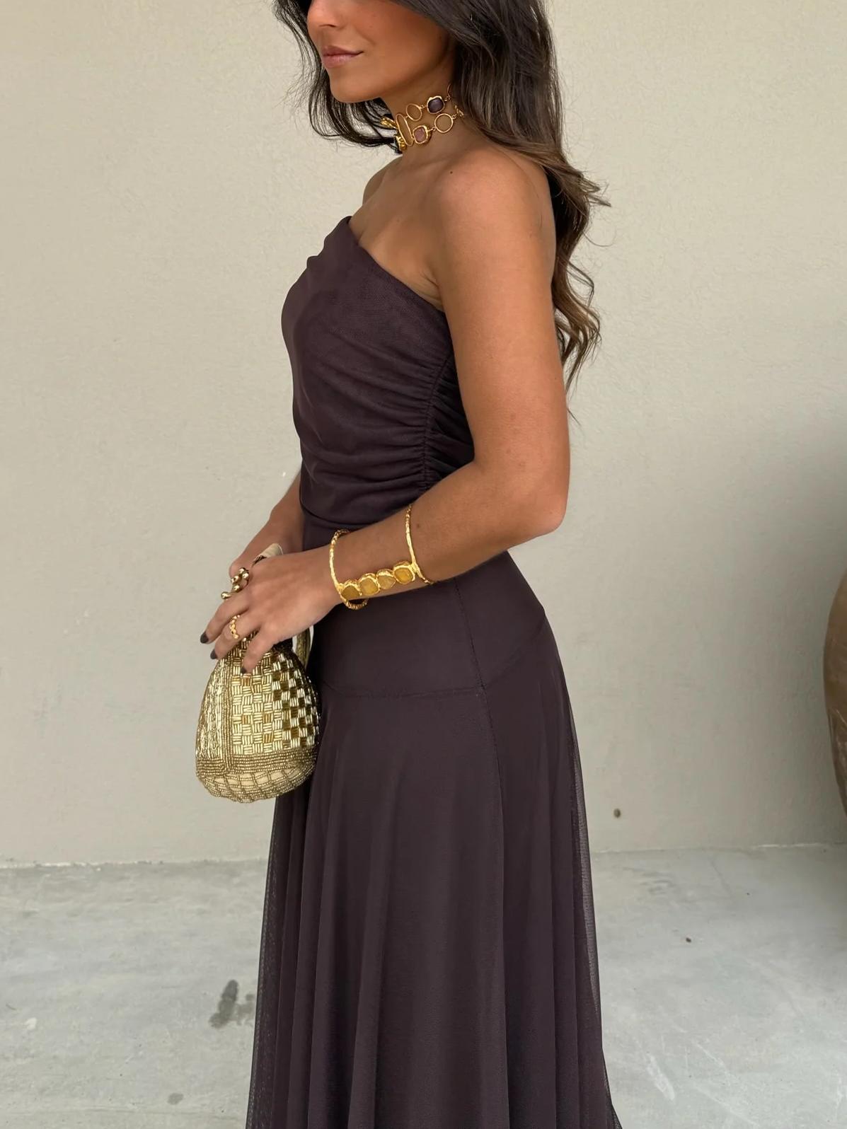 Tara | Women’s Stylish Maxi Wedding Guest Dress with Mesh Overlay