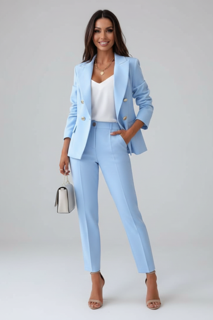 Women's Suit Set with Buttoned Jacket and Straight-Leg Trousers