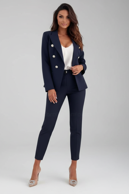 Women's Suit Set with Buttoned Jacket and Straight-Leg Trousers