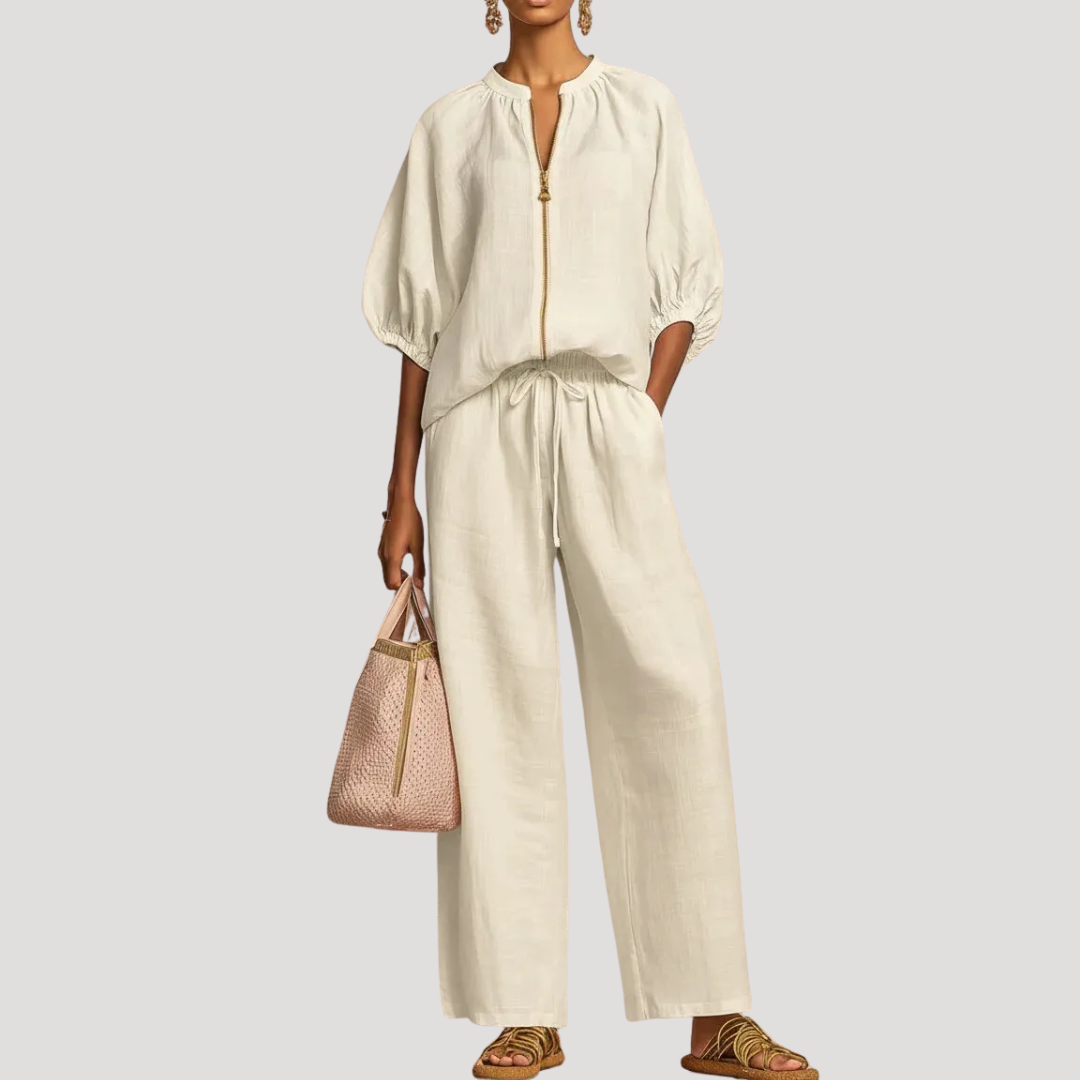 Wide-Leg Two-Piece Set with Zip-Front Top for Summer