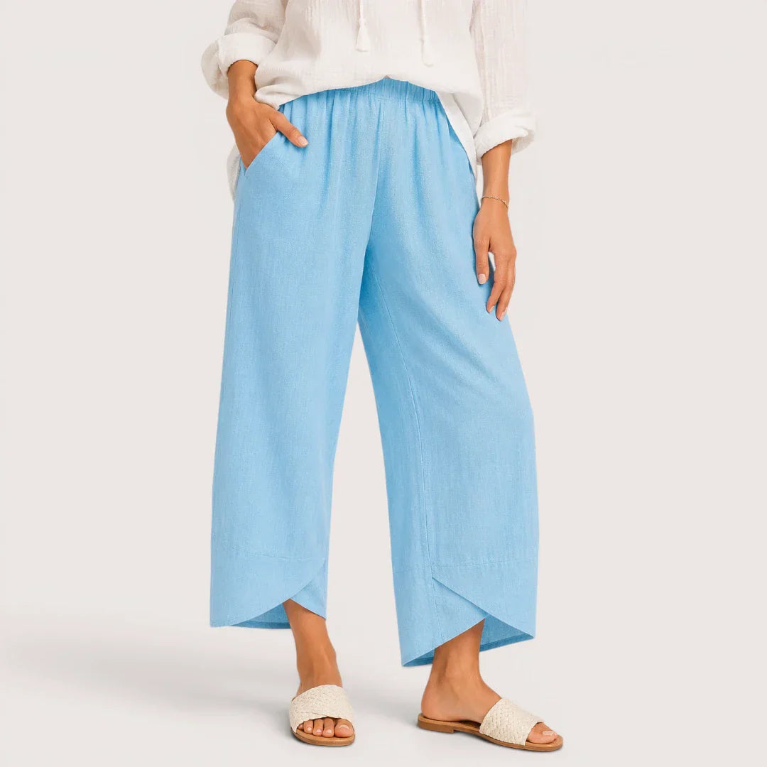Light blue wide-leg pants worn by a person on a white background