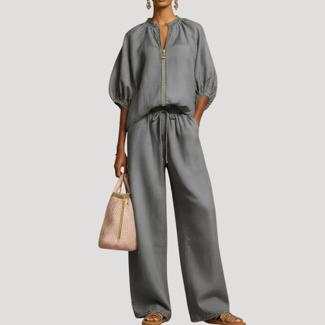 Wide-Leg Two-Piece Set with Zip-Front Top for Summer