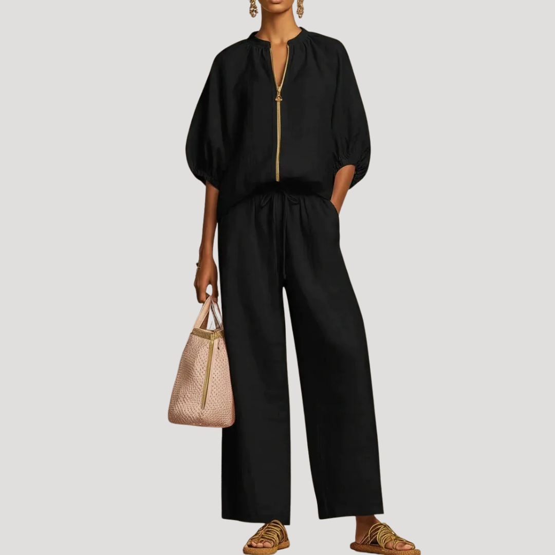 Wide-Leg Two-Piece Set with Zip-Front Top for Summer