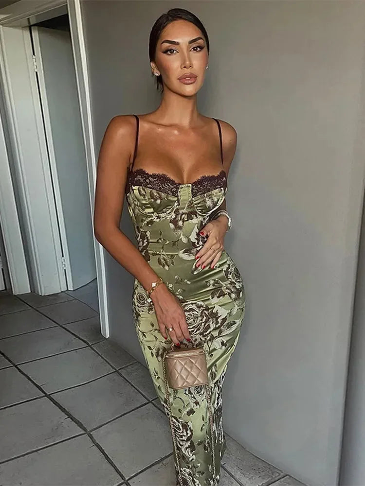 Floral Satin Corset Midi Dress for Summer Weddings