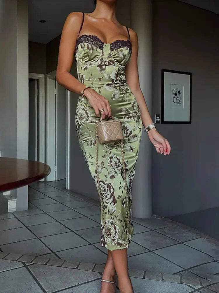 Floral Satin Corset Midi Dress for Summer Weddings