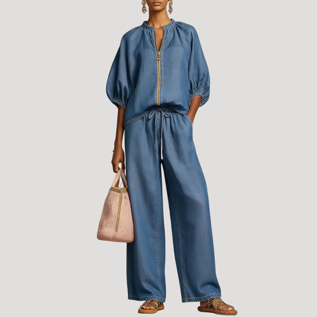 Wide-Leg Two-Piece Set with Zip-Front Top for Summer